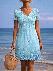 abordables Vestido Floral-Mujer Mini vestido Vestido estilo camiseta Vestido de una línea Vestido de verano Casual Diario Playa Festivos Ajuste regular Floral Graphic Manga Corta Cuello con muescas. Azul Piscina Rosa Morado