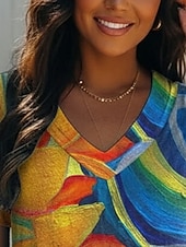  Damen T Shirt Druck Farbblock Sonnenblume Vintage Lässig Boho Kurzarm V Ausschnitt Normale Oberteile Täglich Blau Wein Königsblau Orange Grün Sommer Frühling