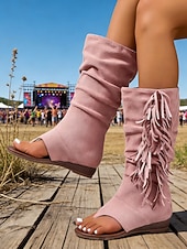 tanie Kobiety-Damskie czarne zamszowe sandały z frędzlami - boho, płaskie, letnie botki z odkrytymi palcami, frędzlami i paskiem z klamrą, idealne na festiwale muzyczne i koncerty rockowe &amp;wydarzenia w stylu