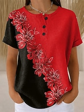 cheap Floral tee-Women's Waffle T Shirt Color Block Print Floral Graphic Vintage Stylish Classic Short Sleeve Crew Neck Regular Tops Daily Blue Red Purple Green Summer Spring