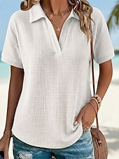  Mujer Camiseta Camisetas polo Tops de punto gofre Camiseta superior Plano Moda Elegante Básico Manga Corta Cuello Camisero Tops regulares Diario Noche Fin de semana Azul Piscina Negro Blanco Naranja
