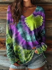 cheap Art&amp;Design tee-Women's T Shirt Print Heart Tie Dye Vintage Casual Boho Long Sleeve V Neck Regular Tops Daily Blue Yellow Red Purple Green Spring Fall