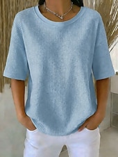 Недорогие Простая футболка-Жен. Вафельная рубашка Футболка Футболки Топы в вафельном вязании Сплошной цвет Классика Современное На каждый день С короткими рукавами Вырез под горло Обычные топы Повседневные Праздники На выход