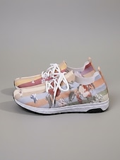 cheap Women's Sneakers-Women's Yellow Floral Print Knit Sneakers – Lightweight Breathable Casual Shoes with Cushioned Non-Slip Sole, Fashion Walking Shoes for Travel, Outdoor and Everyday Wear