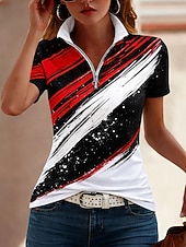 tanie Koszulka w paski i geometryczna-Damskie Podkoszulek Zamek Quarter Zip Graficzny Geometryczny Kolorowy blok Tropikalny Hawajskie Elegancki Krótki rękaw Wysoki Zwykłe topy Ślub na plaży Codzienny Sport Rumiany róż Czerwony