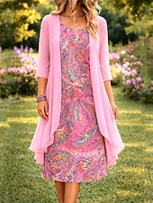 abordables Vestido Boho-Mujer Conjunto de vestido Vestido de una línea Elegante Vacaciones Floral Graphic Multi capa Estampado Mini vestido Media Manga Cuello Barco Diario Rosa Verano Primavera Ajuste regular