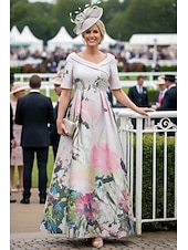 economico Lunghezza del pavimento-Linea ad A Lunghezza al pavimento Abito da invitata a nozze Abito Formale Abito Derby Abito da cerimonia per signora Mezza Manica Colletto a Camicia Elegante Derby del Kentucky Raso con Stampa