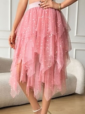 abordables Jupes de Fête-Femmes Jupe de vacances Élégant Mode Mignon Occasionnel Midi Taille Basse Jupes Uni Paillettes Taille Élastique Ourlet irrégulier Micro-Élastique Quotidien Vacances Noir Rose Été