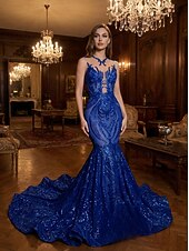 abordables Vestidos de Noche Sirena-Corte Trompeta Sirena Cola barrida Trajes de gala Vestidos de noche Corte Cenicienta Vestimenta formal Elegante Sin Mangas Escote de ilusión Carnaval Formal afroamericano Lentejuelas con Lentejuela
