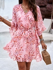 cheap Casual Floral Dresses-Women's Mini Dress Casual Dress Chiffon Dress Floral Dress Elegant Fashion Modern Outdoor Vacation Going out Regular Fit Floral Half Sleeve V Neck Black Pink Green Summer Spring