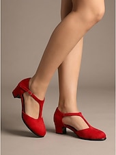 cheap 1950s Retro-Women's Vintage 1950s Red Velvet Mary Jane Shoes - Elegant T-Strap Block Heels with Round Toe for Retro Parties, Holiday Banquets &amp; Classic Daily Fashion