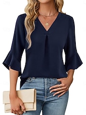economico Bluse Eleganti-Per donna Camicia Blusa Top in chiffon Volant Semplice Elegante Classico Moderno Manica 3/4 Scollo a V Top Regolari Quotidiano Ferie Uscire Nero Bianco Verde Azzurro Estate Primavera