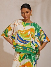 baratos camisas, tops e blusas-Blusa boho paisley de cetim sedoso com mangas dolmã