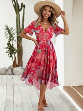 economico Abiti Floreali Stampati-Per donna Abito Midi Abito Boho Vestito in Chiffon Abito Floreale Moda Moderno Vacanza Ferie Vestibilità regolare Fiore Manica Corta Scollo a V Blu Verde chiaro Rosso Blu marino Estate