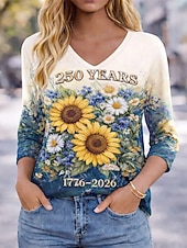  American Independence Day Women's T Shirt Print Graphic Flag Stylish Classic Long Sleeve 3/4 Length Sleeve V Neck Regular Tops Daily Weekend Blue White Red Red / Blue Spring Fall