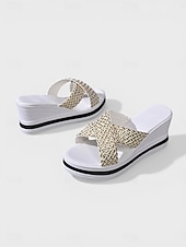 cheap Women-Women's Chic White Woven Wedge Sandals - Comfortable Criss-Cross Platform Slides for Luxury Hotel Poolside, Beach Resorts &amp; Summer Vacation Outfits