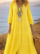 abordables Robes-Femmes Robe Maxi Robe maxi Robes effet lin Robe Chemise Robe d'Été Robe Caftan Vacances Basique Moderne Quotidien Week-end Coupe Ample Uni Manche 3/4 Col en V Bleu Blanche Jaune Été Printemps