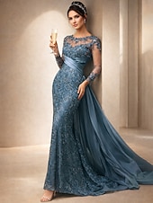 ieftine Lungimea podelei-Trompetă  Sirenă Mătura Trenă Rochie pentru invitata de nunta Rochie formala Rochie de seara Rochie Mama Miresei Manșon Lung Bijuterie Elegant Invitat la nunta Seară Formală Satin întins cu Dantel