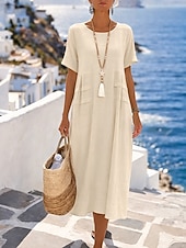 preiswerte Kleider-Damen Midikleid A Linie Kleid Sommerkleid Lässig Täglich Lässiger Schnitt Einfach Kurzarm Rundhalsausschnitt Blau Gelb Rosa Orange Sommer