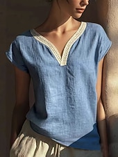 cheap Essential Faux Shirts-Women's T Shirt Cotton Linen T Shirt Faux Cotton Linen Tee Top Patchwork Plain Classic Casual Short Sleeve V Neck Regular Tops Daily Going out Weekend Sky Blue Apricot Gray Summer Spring
