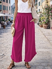  Mulheres Calças de linho de algodão Perna larga chinês Férias Roupa de rua Básico Comprimento total Cintura Média Tecido Bolsos Cintura elástica Confortável Respirável Sem Elasticidade Diário Ao ar