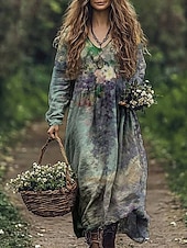  Dam Maxiklänning Boho-klänning Vintage klänning Vardagsklänning Vintage Dagligen Utomhus Semester Normal Knytbatik Långärmad V-hals Grön Vår Höst