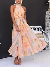 Χαμηλού Κόστους Κομψά φλοράλ φορέματα-Γυναικεία Μακρύ φόρεμα Φόρεμα για τον ήλιο Φορέματα σιφόν Floral φόρεμα Φόρεμα με λαιμόκοψη Κομψό Μοντέρνα ΕΞΩΤΕΡΙΚΟΥ ΧΩΡΟΥ Παραλία Διακοπές Κανονικό Φλοράλ Αμάνικο Λαιμός Πορτοκαλί Καλοκαίρι Άνοιξη