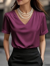 Χαμηλού Κόστους Απλή μπλούζα-Γυναικεία Μπλούζα Συμπαγές Χρώμα Κομψό Στυλάτο Βασικό Κοντομάνικο Λαιμόκοψη V Κανονικά μπλουζάκια Καθημερινά Μαύρο Λευκό Κρασί Φούξια Πράσινο του τριφυλλιού Καλοκαίρι Άνοιξη