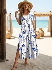 Χαμηλού Κόστους Floral φορέματα-γυναικείο φόρεμα μίντι μπλε και άσπρο λουλούδια διακοπές φόρεμα σε γραμμή α διακοπές casual παραλία αργία ραντεβού φαρδιά εφαρμογή φλοράλ γραφικό κοντομάνικο στρογγυλή λαιμόκοψη μπλε κίτρινο κόκκινο μωβ καλοκαίρι άνοιξη