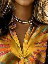 economico Arte &amp; Design Bluse-Per donna Camicia Camicia in raso Stampato Grafico Sole Astratto Bohemien Vintage Manica Lunga Colletto a Camicia Top Regolari Quotidiano Ferie Uscire Giallo Estate Primavera Autunno