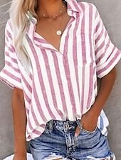 economico Camicie-Per donna Camicie effetto lino Blusa Camicia in finto lino Bottoni Stampato A righe Elegante Casual Mezza Manica Colletto a Camicia Top Regolari Quotidiano Blu Nero Giallo Rosa Verde Estate Primavera