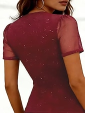 abordables T-shirt uni-Femmes T-shirt Paillettes Maille Couleur Unie Élégant Mode Classique Manche Courte Col en V Hauts Réguliers Quotidien Sortir Week-end Noir Rouge Été Printemps