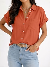 abordables Blusas Sencillas-Mujer Camisa Blusa Bolsillo Botones Color sólido Plano Vintage Elegante Manga Corta Cuello Camisero Tops largos Diario Festivos Noche Negro Blanco Rosa Naranja Gris Verano Primavera