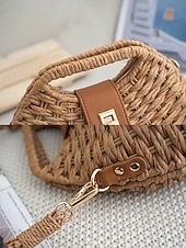 billiga Rese- och semesterväskor-Damväska i vävd stråaxelrem, beige och khakifärger, lätt sommarväska med justerbar rem, bohemisk chic-stil, perfekt för semester, resor och vardagsbruk