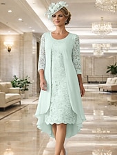  Linha A Até os Joelhos Vestido de convidada de casamento Vestido Para Mãe dos Noivos Manga Longa Decorado com Bijuteria Elegante Tamanhos Grandes Convidado do casamento Chiffon Renda com Renda