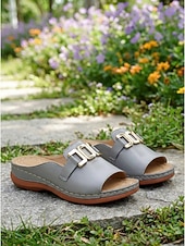 cheap Slide Sandals-Women's White Faux Leather Slide Sandals with Gold Buckle Casual Style for Garden Walks Vacation and Daily Errands