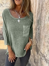 abordables Camisas-Mujer Mezcla de lino Blusa Retazos Bolsillo Plano Elegante Clásico Moderno Manga 3/4 Cuello Barco Tops regulares Tops largos Diario Festivos Noche Verde Claro Caqui Albaricoque Gris Verano Primavera