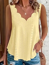 cheap Plain Tank-Women's Texture Blouse Eyelet Top Pointelle Tee Blouse Hollow Out Plain Casual Sleeveless V Neck Regular Tops Casual Daily Beach Blue Black White Yellow Pink Summer Spring