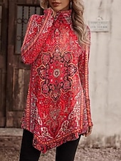 abordables Blusas Florales-Mujer Camisa Blusa Tops de manga larga Costura asimétrica Floral Elegante Clásico Moderno Manga Larga Cuello Alto Tops largos Diario Festivos Noche Azul Piscina Rojo Morado Primavera Otoño