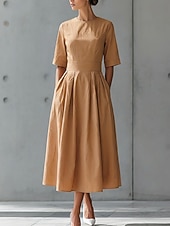abordables Robe Simple-Femmes Robe Midi Robe de Soirée Robe Décontractée Robe de travail Robe trapèze Élégant Mode Moderne Extérieur Vacances Soirée Coupe régulière Uni Manche 3/4 Col en V Marron Été Printemps