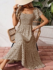 billiga Casual blommiga klänningar-Dam Midiklänning Vardagsklänning Swingklänning Blommig klänning Elegant Mode Modern Utomhus Semester Utekväll Normal Ditsy Floral Kortärmad Fyrkantig hals Blå Svart Rubinrött Purpur Sommar Vår