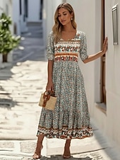 preiswerte Druck Blumen Kleider-Damen Midikleid Freizeitkleid A Linie Kleid Blumenkleid Elegant Mode Modern Outdoor Urlaub Ausgehen Normale Passform Blumen Halbarm V Ausschnitt Blau Rosa Königsblau Dunkelgrün Sommer Frühling