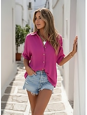 billige Enkle bluser-Dame Skjorte Knapper عادي Grunnleggende Moderne Halvlange ermer Skjortekrage Vanlige topper Daglig Svart Hvit Rød Lilla Fuksia Sommer