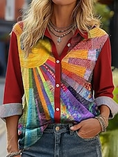 abordables Arte &amp; Diseño Blusas-Mujer Camisa Lino de algodón sintético Botones Estampado Sol Pintada Bohemia Activo Casual Manga Larga Cuello Camisero Tops regulares Diario Festivos Arco Iris Primavera Otoño