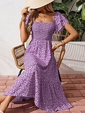 billiga Casual blommiga klänningar-Dam Midiklänning Vardagsklänning Swingklänning Blommig klänning Elegant Mode Modern Utomhus Semester Utekväll Normal Ditsy Floral Kortärmad Fyrkantig hals Blå Svart Rubinrött Purpur Sommar Vår