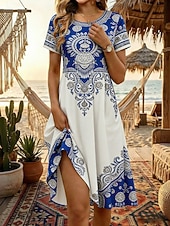 billige Feriedrakt Boho-Dame Knelang kjole Boho-kjole Strandkjole Sommerkjole Årgang Gotisk Daglig Strand Helg Normal Blomstret Kortermet Crew-hals Blå Sommer Vår
