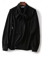 Недорогие Блузки и рубашки-Жен. Рубашка Блуза Топы из шифона галстук спереди Сплошной цвет Полотняное плетение Активный Стиль Классический Длинный рукав Вырез под горло галстук-шея Обычные топы Повседневные Уличная одежда Офис