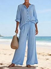 billige Essensielle faux co-ord sett-Dame Linsett i bomull Buksesett Imitert bomullslin Langermet Crew-hals Helfarge Elegant Mote Gatemote Avslappet Daglig utendørs Blå Hvit Rosa Sommer Normal