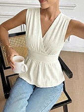 abordables Tanque Sencillo-Mujer Camiseta sin mangas Frunce Plano Elegante Moda Clásico Sin Mangas Manga Corta Escote en Pico Tops regulares Diario Noche Fin de semana Albaricoque Verano Primavera