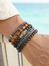 olcso Nyaralási kiegészítők-Férfi bohém, egymásra rakható fagyöngyös karkötő szett, többrétegű törzsi etikai csuklópánt türkiz díszítéssel, kézzel készített tengerparti nyaraláshoz és mindennapi használatra szánt ékszer férfiaknak